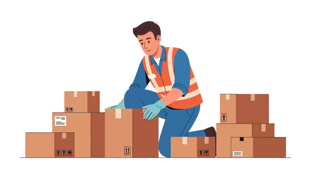 Warehouse worker in hi-vis vest carefully stacking cardboard boxes during inventory or shipping process, logistics and supply chain concept