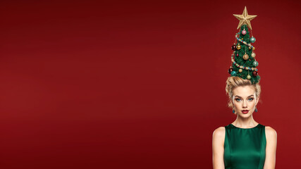 Photorealistic portrait of a blonde woman in a bright green dress, evening makeup, and a high cone hairstyle styled as a Christmas tree with ornaments, garlands, glowing star on top, soft frontal ligh