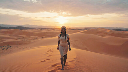 Confident woman walking alone on desert dunes at sunset in cinematic soft warm light