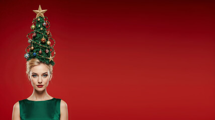 Photorealistic portrait of a blonde woman in a bright green dress, evening makeup, and a high cone hairstyle styled as a Christmas tree with ornaments, garlands, glowing star on top, soft frontal ligh