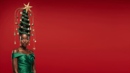 Photorealistic portrait of a black woman in a bright green dress, evening makeup, and a high cone hairstyle styled as a Christmas tree with ornaments, garlands, glowing star on top, soft frontal ligh
