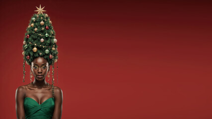 Photorealistic portrait of a black woman in a bright green dress, evening makeup, and a high cone hairstyle styled as a Christmas tree with ornaments, garlands, glowing star on top, soft frontal ligh