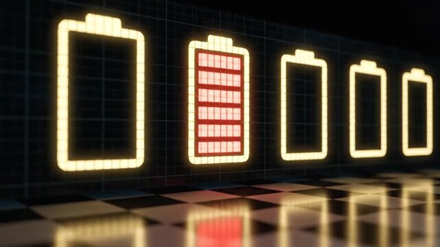 3D animation of battery icons on a grid floor as an empty battery rapidly fills to show fast charging