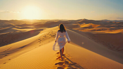 Back view of woman in white dress walking along desert dune at golden hour with soft sunlight