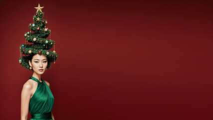 Photorealistic portrait of a asian woman in a bright green dress, evening makeup, and a high cone hairstyle styled as a Christmas tree with ornaments, garlands, glowing star on top, soft frontal ligh