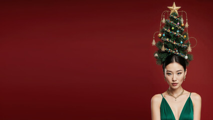 Photorealistic portrait of a asian woman in a bright green dress, evening makeup, and a high cone hairstyle styled as a Christmas tree with ornaments, garlands, glowing star on top, soft frontal ligh