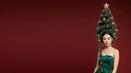 Photorealistic portrait of a asian woman in a bright green dress, evening makeup, and a high cone hairstyle styled as a Christmas tree with ornaments, garlands, glowing star on top, soft frontal ligh