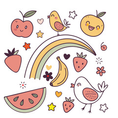 Obraz premium Seamless vector illustration of a funny cartoon pattern with fruits and vegetables, featuring birds, cats, and trees in a decorative nature design for baby textile wallpaper or children art