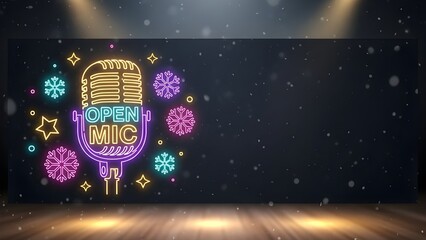Neon Open Mic Sign with Winter Snowflakes and Stars on Dark Stage Background with Falling Snow