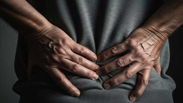 Man holding his aching lower back. Concept of chronic back pain, injury, medical condition, or poor posture. Healthcare and wellness.