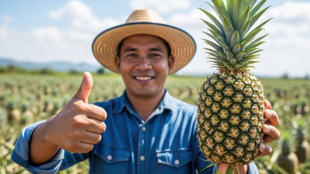 A man farmer in a straw hat holds a fresh pineapple and shows a thumbs up in a plantation field on a sunny day. Agriculture and harvest concept.