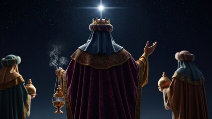 Magi, wise man, wearing a crown and elaborate robes, following a bright star during Epiphany. Religious Christmas scene for holiday greeting card.