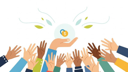 Multiple diverse hands reaching for a coin symbolizing financial collaboration and fundraising efforts