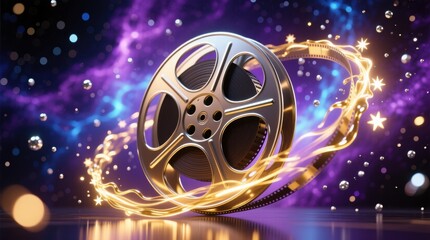 Golden film reel with magical purple smoke and golden light swirls