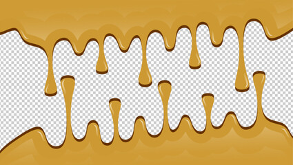 Hot chocolate drip illustration. Melting chocolate on transparent background. Drippy ice cream vector design. Wavy choco melt border. Brown chocolate drips illustration.