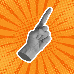 Halftone pointing hand on pop art background. Retro style collage hand with pointing index finger. Vector illustration