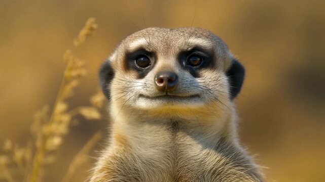 Cinematic macro shot of a wild meerkat on lookout duty, capturing detailed fur texture and sharp eyes in a warm savannah environment, AI generated.