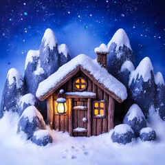 Wooden hut in snowy mountains in the early evening with a lantern on the door and stars in the sky