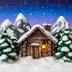 Wooden hut in snowy mountains in the early evening with a lantern on the door and stars in the sky
