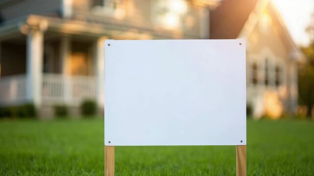 Empty white lawn sign on wooden stakes in front yard of suburban house during sunset symbolizing property listing, for sale, announcement, advertising space or upcoming neighborhood development