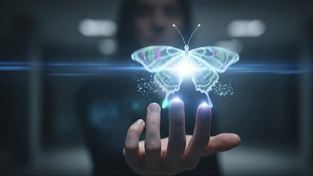 Close up of a holographic butterfly appearing on a person's hand in a dark, futuristic setting.