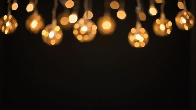 Warm golden festive string lights hanging and glowing with intentional bokeh effect, creating a defocused frame with ample dark copy space below.