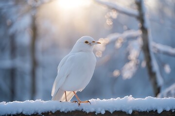 Naklejka premium White bird standing on snowy branch in winter