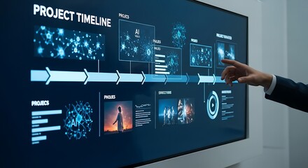 Businessman analyzing project timeline on large digital screen