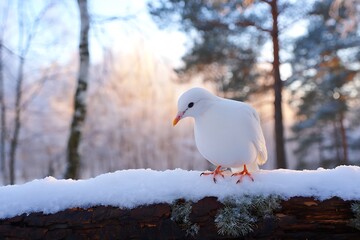 Naklejka premium White bird standing on snowy branch in winter