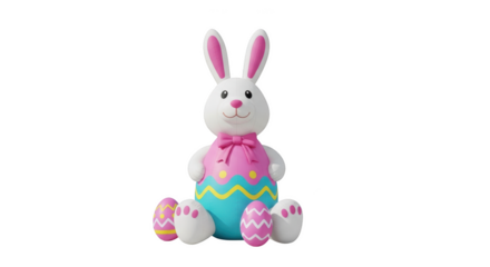 White Easter Bunny with Pink Bow and Decorated Eggs