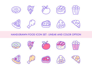 Hand Drawn Food Icon Set - Linear and Color Pack Featuring Donuts, Ice Cream, Apple, Sushi, Popcorn, Pizza, Chicken Drumstick, Steak, Bento Box, Rice Ball and Croissant for Snacks and Meals.