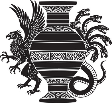 Ancient greek amphora featuring a griffin hydra and serpent design