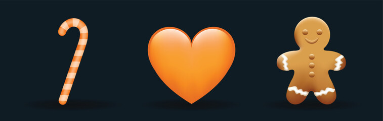 Orange color candy cane, heart and gingerbread character icon on dark background