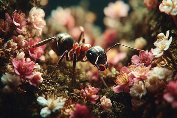 Close up view of an ant among colorful flowers in a vibrant natural setting