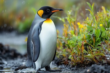 Fototapeta premium Penguin posing confidently on icy terrain in cold climate