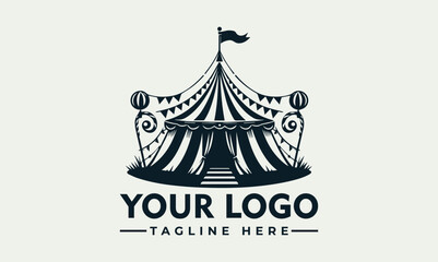 Vector illustration of a customizable circus tent logo with space for a company logo and tagline on a plain background.