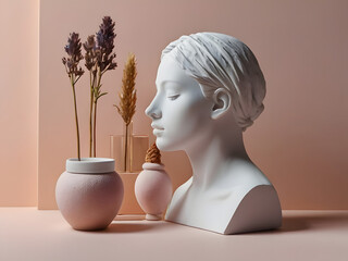 Plaster woman statue with soft warm aesthetic, woman statue with vase