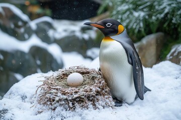 Close-up of penguin guarding egg in snowy habitat