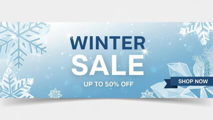 Winter sale banner with snowflakes and discount offer up to 50 percent off