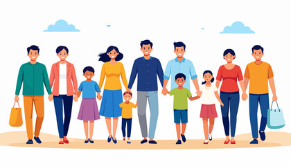 Obraz premium Vector illustration of a large, happy multi-generational family group walking forward together, symbolizing unity, community, and connection