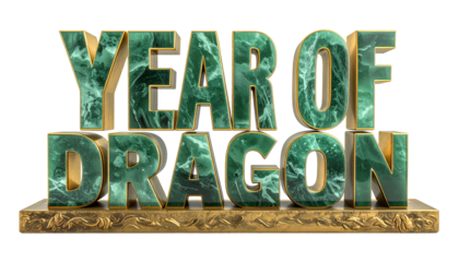 Year Of The Dragon 3D Text With Green Marble Texture And Golden Edges On Transparent Background For Chinese New Year Celebrations And Decorations