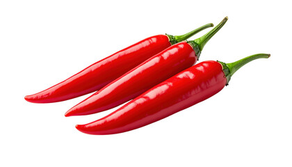 Three Red Chili Peppers Isolated On Transparent Background Close-Up Studio Shot For Cooking Ingredients And Spicy Food Concepts Hot Flavor