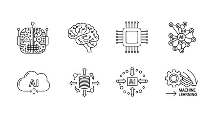 Set of AI and Machine Learning Line Icons for Technology and Digital Concepts