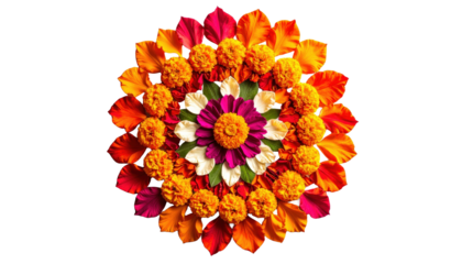Bright Floral Rangoli Pattern With Marigolds And Petals For Diwali Festival Celebrations And Hindu Religious Traditions On Transparent Background