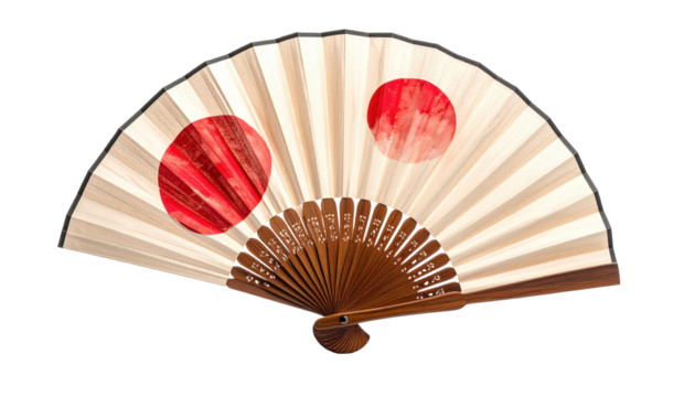 Japanese Folding Fan With Red Circles Isolated On Transparent Background Traditional Asian Hand Fan For Decoration And Cultural Events Studio Shot - Powered by Adobe