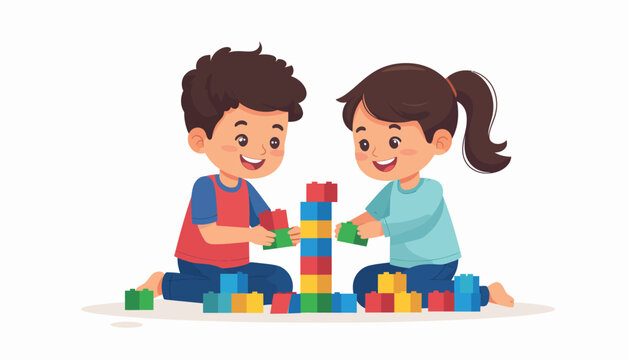 Two cheerful children happily building a tower with colorful toy blocks on a white background, illustration