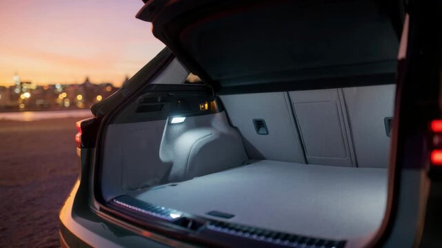 Open trunk of modern car illuminated at sunset with city lights in background, showcasing spacious interior, night drive aesthetics, travel lifestyle and urban evening atmosphere near waterfront