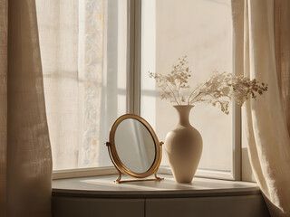 makeup mirror with vase , gold mirror, wooden mirror