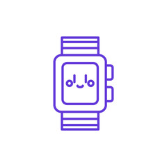 Smartwatch Icon. Thin Line Illustration of Wearable Device with Smiling Screen, Pictogram of Fitness Tracking and Health Monitoring, Symbol of Digital Technology and Smart Gadgets.