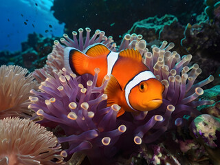 Clownfish and corals in the sea